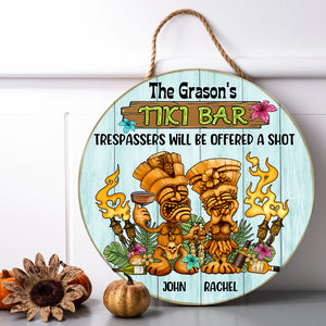 Tiki Bar Trespassers Will Be Offered A Shot - Personalized Round Wooden Sign - Wood Sign - GoDuckee