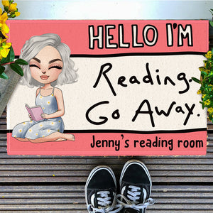 Personalized Reading Girl Welcome Mat - Custom Name - Hello I'm Reading Go Away - Doormat - GoDuckee