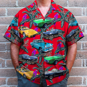 Custom Classic Car Photo Hawaiian Shirt, Purple Parrot Seamless Pattern, Gift For Car Lovers (Car0902) - Hawaiian Shirts - GoDuckee