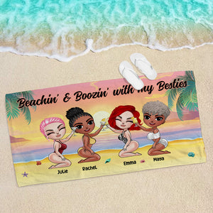 Beachin' & Boozin' With My Besties - Personalized Beach Towel - Gifts For Sisters, BFF, Girls Dolls Trip - Beach Towel - GoDuckee