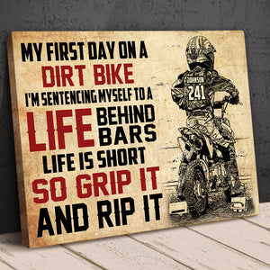 Vintage Motocross Poster - Custom Name, Number - My First Day On A Dirt Bike - Grip It and Rip It - Poster & Canvas - GoDuckee