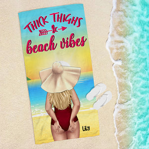 Bikini Girl, Thick Thighs, Beach Vibes - Personalized Beach Towel - Gifts For Wife, Girlfriend, Sun Tan Girl - Beach Towel - GoDuckee