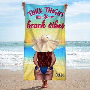 Bikini Girl, Thick Thighs, Beach Vibes - Personalized Beach Towel - Gifts For Wife, Girlfriend, Sun Tan Girl - Beach Towel - GoDuckee