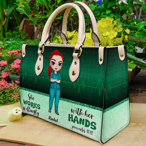 She Works Willingly With Her Hands - Personalized Leather Bag - Gift For Nurse - Leather Bag - GoDuckee