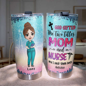 Personalized Nurse Dolls Tumbler - Two Titles Mom And Nurse - Chibi Nurse Front View - Tumbler Cup - GoDuckee