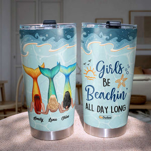 Personalized Mermaid Sisters Tumbler - Girls Be Beachin' All Day Long - Tumbler Cup - GoDuckee