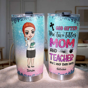 Personalized Teacher Dolls Tumbler - Two Titles Mom And Teacher - Chibi Teacher Front View - Tumbler Cup - GoDuckee