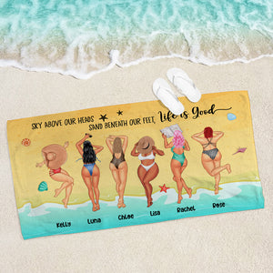 Sky Above Our Heads Sand Beneath Our Feet - Personalized Beach Towel - Gifts For Big Sister, Sistas, Girls Trip - Sunbathing Girls - Beach Towel - GoDuckee