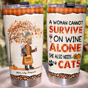 Personalized Cat Mom Personalized - Autumn Woman Cannot Survive On Wine Alone - Tumbler Cup - GoDuckee