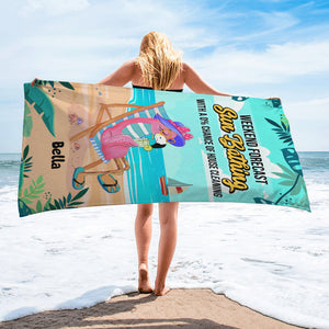 Weekend Forecast Sunbathing Flamingo - Personalized Beach Towel, Flamingo Beach Towel - Funny Flamingo Gifts for Her - Beach Towel - GoDuckee