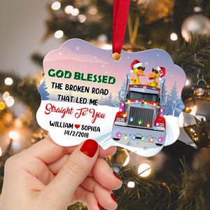 God Blessed The Broken Road - Personalized Christmas Ornament - Gifts for Couple Trucker - Duck Couple Wearing Sunglasses - Ornament - GoDuckee