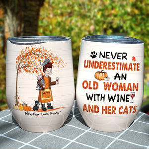 Personalized Old Women & Cat Breeds Wine Tumbler - Never Underestimate An Old Woman With Wine And Her Cats - Wine Tumbler - GoDuckee