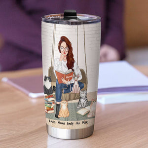 Personalized Reading Girl Tumbler - Book & Cat It Is Too Peopley Outside - Tumbler Cup - GoDuckee