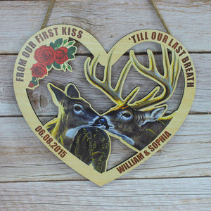 Deer Hunting Couple, First Kiss Last Breath, Personalized Wood Sign - Anniversary Gift For Hunter - Wood Sign - GoDuckee