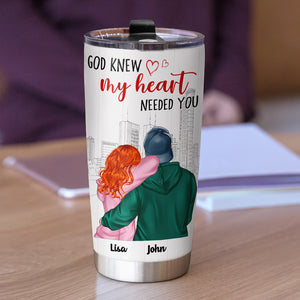 Personalized Hoodie Couple Tumbler - God Knew My Heart Needed You, Couple Hugging Back View - Tumbler Cup - GoDuckee