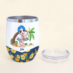 Personalized Bikini Girl Dolls Wine Tumbler - Sassy Since Birth Salty By Choice - Tropical Pattern - Wine Tumbler - GoDuckee