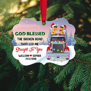God Blessed The Broken Road - Personalized Christmas Ornament - Gifts for Couple Trucker - Duck Couple Wearing Sunglasses - Ornament - GoDuckee