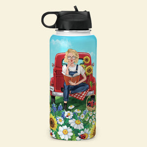 Personalized Reading Girl Water Bottle - And She Lived Happily Ever After - Flower Garden - Water Bottles - GoDuckee