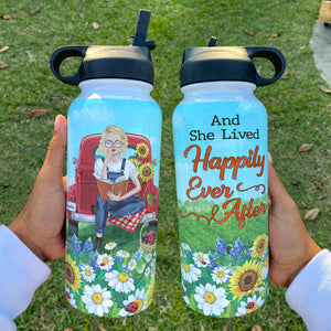 Personalized Reading Girl Water Bottle - And She Lived Happily Ever After - Flower Garden - Water Bottles - GoDuckee