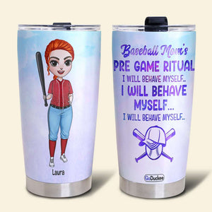 Personalized Baseball Mom Tumbler - Pre Game Ritual - Female Baseball Front View - Tumbler Cup - GoDuckee