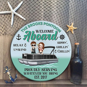 Pontoon Welcome Abroad - Personalized Round Wooden Sign - Gift for Pontoon Lovers - Wood Sign - GoDuckee