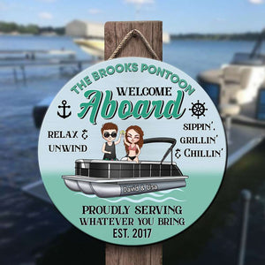 Pontoon Welcome Abroad - Personalized Round Wooden Sign - Gift for Pontoon Lovers - Wood Sign - GoDuckee