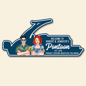 Pontoon Boat Shape Doormat - Personalized Hawaii Wreath Couple - Welcome To Pontoon - Doormat - GoDuckee