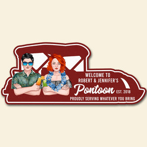 Pontoon Boat Shape Doormat - Personalized Hawaii Wreath Couple - Welcome To Pontoon - Doormat - GoDuckee