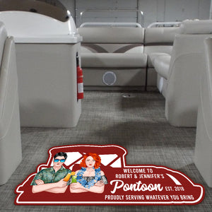 Pontoon Boat Shape Doormat - Personalized Hawaii Wreath Couple - Welcome To Pontoon - Doormat - GoDuckee