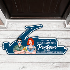 Pontoon Boat Shape Doormat - Personalized Hawaii Wreath Couple - Welcome To Pontoon - Doormat - GoDuckee