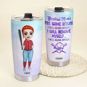Personalized Baseball Mom Tumbler - Pre Game Ritual - Female Baseball Front View - Tumbler Cup - GoDuckee
