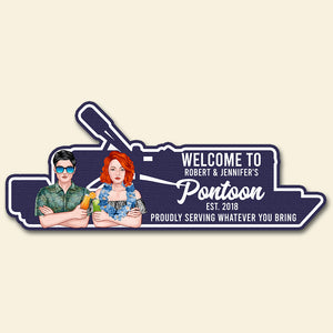 Pontoon Boat Shape Doormat - Personalized Hawaii Wreath Couple - Welcome To Pontoon - Doormat - GoDuckee