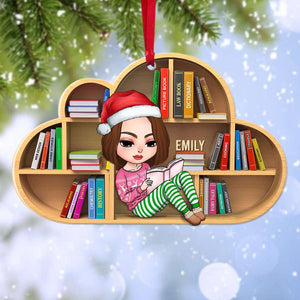 Book Girl Reading On Bookshelf, Personalized Acrylic Ornament - Ornament - GoDuckee