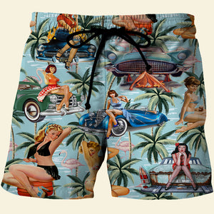 Classic Car Pinup Girl Shirt and Beach Shorts - Gift For Car Lovers - Hawaiian Shirts - GoDuckee