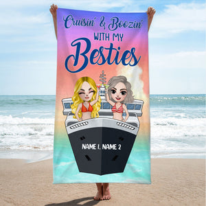 Cruisin' And Boozin' With My Besties - Personalized Beach Towel - Gifts For Best Friends, Cruising Sister, Besties frd2104 Fol8-Vd2 - Beach Towel - GoDuckee
