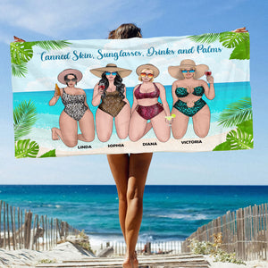 Tanned Skin, Sunglasses, Drinks - Personalized Beach Towel - Gift For Salty Sisters, Best Friend, Girls Trip - Leopard Pattern - Beach Towel - GoDuckee