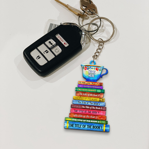 Tea & Stack Of Book Keychain - Custom Book Titles - Keychains - GoDuckee