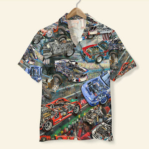 Car Racing Cutaway Hawaiian Shirt and Shorts, Gift For Racing Lovers, race track background - Hawaiian Shirts - GoDuckee