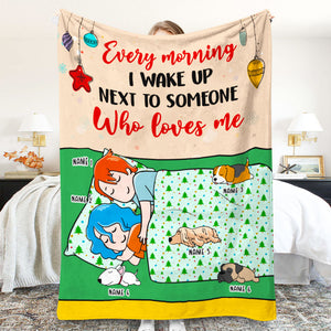 Personalized Cartoon Sleeping Couple & Dog Breeds Blanket - Every Morning I Wake Up Next To Someone - Blanket - GoDuckee