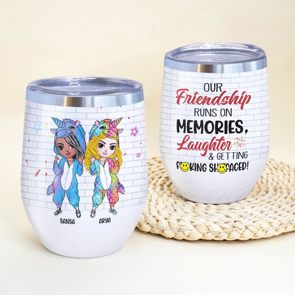 Personalized Unicorn Sister Dolls Wine Tumbler - Friendship Runs On Memories - Wine Tumbler - GoDuckee