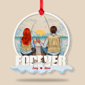 Fishing Couple Forever Hooked Personalized Acrylic Custom Shape Ornament - Ornament - GoDuckee