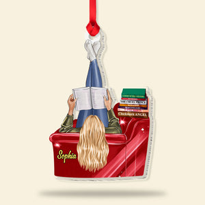 Girl Reading Book On Sofa Personalized Favorite Book Titles Acrylic Custom Shape Ornament - Ornament - GoDuckee