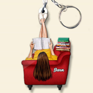 Girl Reading Book On Sofa Custom Book Titles, Personalized Keychain - Keychains - GoDuckee