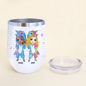 Personalized Unicorn Sister Dolls Wine Tumbler - Friendship Runs On Memories - Wine Tumbler - GoDuckee