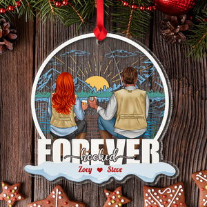 Fishing Couple Forever Hooked Personalized Acrylic Custom Shape Ornament - Ornament - GoDuckee