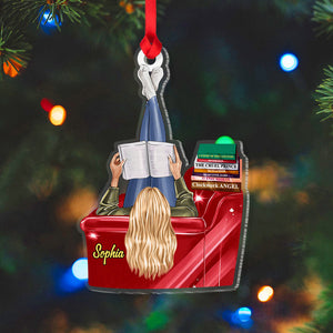 Girl Reading Book On Sofa Personalized Favorite Book Titles Acrylic Custom Shape Ornament - Ornament - GoDuckee