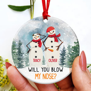 Couple Snowman Ceramic Circle Ornament, Personalized Christmas Gift, Wanna Kiss My Carrot - Ornament - GoDuckee