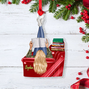 Girl Reading Book On Sofa Personalized Favorite Book Titles Acrylic Custom Shape Ornament - Ornament - GoDuckee