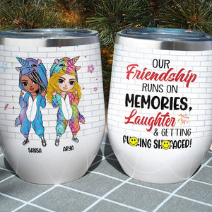 Personalized Unicorn Sister Dolls Wine Tumbler - Friendship Runs On Memories - Wine Tumbler - GoDuckee
