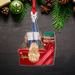 Girl Reading Book On Sofa Personalized Favorite Book Titles Acrylic Custom Shape Ornament - Ornament - GoDuckee